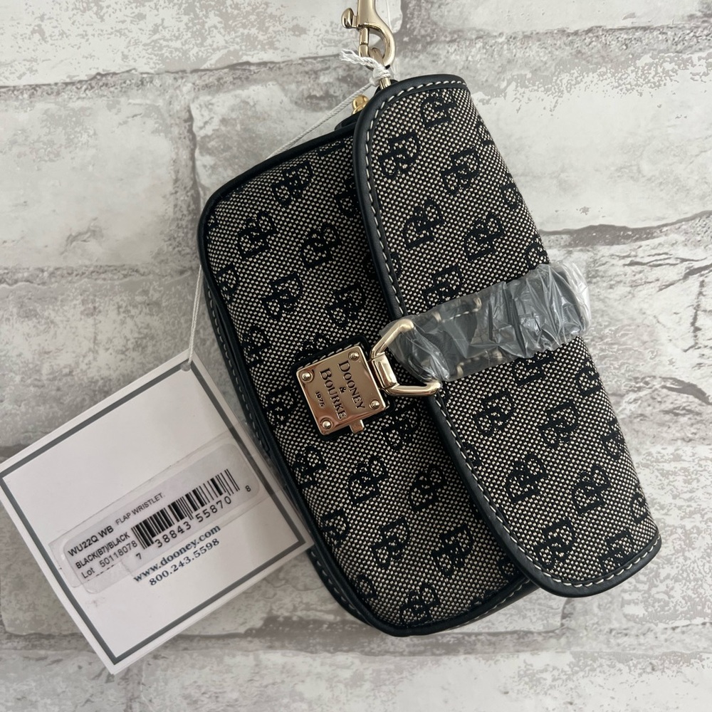 NWT Dooney & Bourke Flap Black and Tan with Gold hardware Wristlet